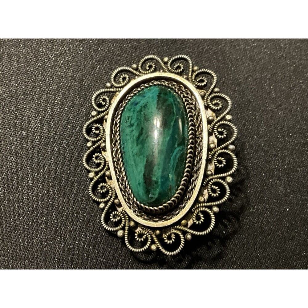 925 Mexico Large Malachite Scroll Design Brooch, Vintage